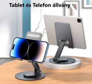 Asztali Mobiltelefon és tablet állvány, alumínium, forgatható, szürke