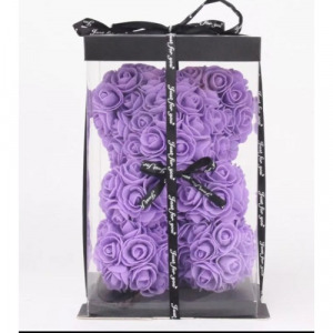 Rózsa maci díszdobozban - lila 25 cm