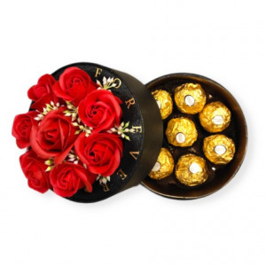 Fekete búrás virágdoboz desszerttel - szappanrózsa és ferrero rocher