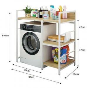 Elite Home 3 szintes, masszív fém fürdőszobai polc mosógép fölé fa polcokkal, fehér - 110 cm magas