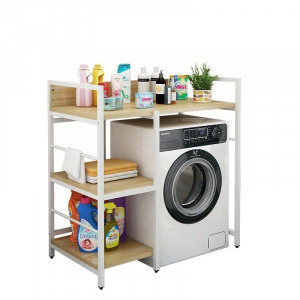 Elite Home 3 szintes, masszív fém fürdőszobai polc mosógép fölé fa polcokkal, fehér - 110 cm magas