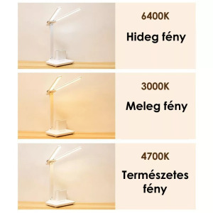 Asztali LED lámpa, toll-, mobiltartó, állítható fényerő, színhőmérséklet