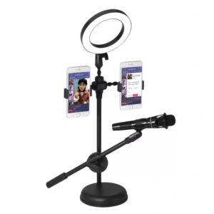 Asztali LED Selfie ring/körfény, 16cm, 2x telefon- + mikrofontartó, fekete