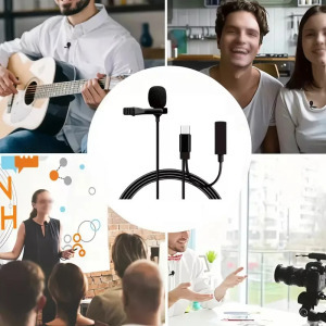 Lavalier sztereó mikrofon, csiptetős, USB-C, szélzaj-védő szivacs, fekete