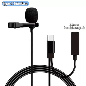 Lavalier sztereó mikrofon, csiptetős, USB-C, szélzaj-védő szivacs, fekete