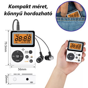 Hordozható FM/AM rádiómagnó, LCD kijelző, ébresztő, időzítő, sztereó, fehér
