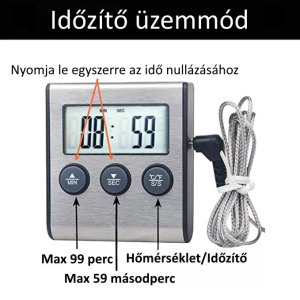 Digitális ételhőmérő/konyhai időzítő, LCD, mágneses hátlap, asztali támasz