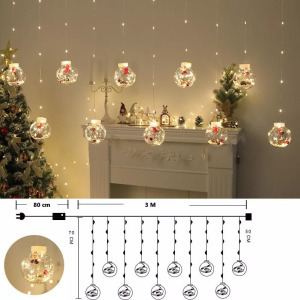 Összefűzhető Mikulás gömbök, LED fényfüzér, 3m, 8mód, 10gömb, meleg fény