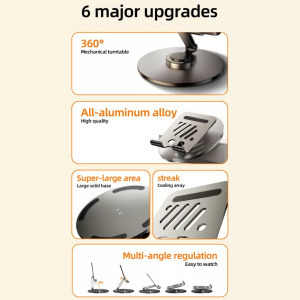 Mobiltelefon- és tablettartó, alumínium, 360°-ban forgatható, összecsukható, fekete