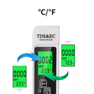 Digitális vízminőség mérő, 3 az 1-ben, TDS/EC/hőmérséklet, LCD kijelző, fehér