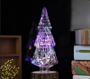 Karácsonyfa formájú színes LED üveg búra, E27, zöld-piros-kék-sárga ünnepi