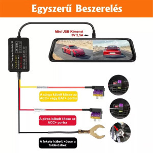 Autós kameratöltő, biztosíték táblába köthető, 3.2 méter, 5V/2.5A, Mini USB