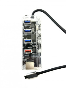 USB Hub Elosztó/Töltő, 5 portos, USB-C -> 3xUSB3.0, 1xQC2.0 töltő, 1xRJ-45