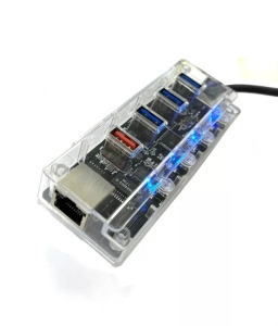 USB Hub Elosztó/Töltő, 5 portos, USB-C -> 3xUSB3.0, 1xQC2.0 töltő, 1xRJ-45