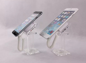 Asztali Okostelefon tartó, spirál kábel, akril lopásgátló állvány, átlátszó