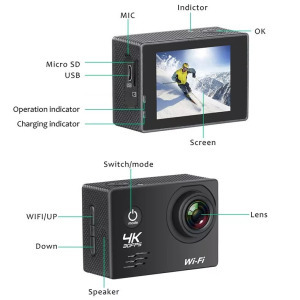 Sportkamera, WiFi-s 12MP akciókamera FullHD, 30m-ig vízálló, A+ 170° fekete