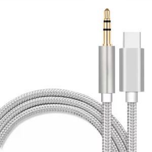 AUX átalakító kábel USB-C->Jack, 1m, kompatibilis Phone 15/16, ezüst-fehér