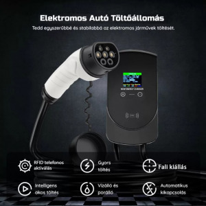 NewEnergy Fali töltőállomás elektromos autókhoz és egyéb járművekhez, színes képernyős,kártyás, 5 méter 7 kw,32A,type2