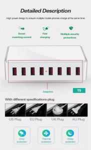 USB hálózati töltő, 8xUSB port, 40W gyorstöltés, fehér