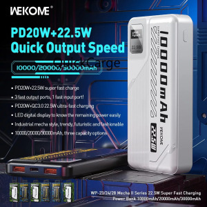 Wekome Powerbank 10000mAh, külső akkumulátor, 22.5W 2xUSB-C, 1xUSB-A, fehér