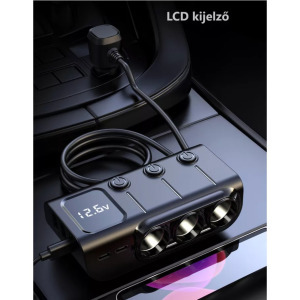 Autós szivargyújtó elosztó, 12-24V/120W, szivargyújtó aljzat, 2xUSB-C 3xUSB