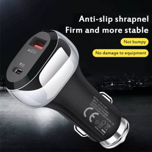 Szivargyújtós USB töltő, 1xUSB-C 1xUSB, gyorstöltés 5V/3A/38W, fekete/ezüst