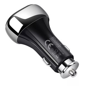 Szivargyújtós USB töltő, 1xUSB-C 1xUSB, gyorstöltés 5V/3A/38W, fekete/ezüst