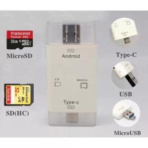 3in1 OTG USB-C/USB/MicroUSB + Kártyaolvasó: MicroSD/TF SD, fehér