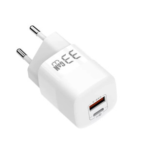 Univerzális GaN töltő adapter, 2 port, 33W , QC 3.0, 1xUSB, 1xUSB-C, fehér