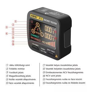 Multifunkciós konnektor dugalj, hálózati aljzat teszter, AC 0.1V~250V, LCD