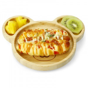 Mackó formájú bambusz tányér gyermek étkezőkészlet szilikon fejű kanállal és villával, 3 db-os szett